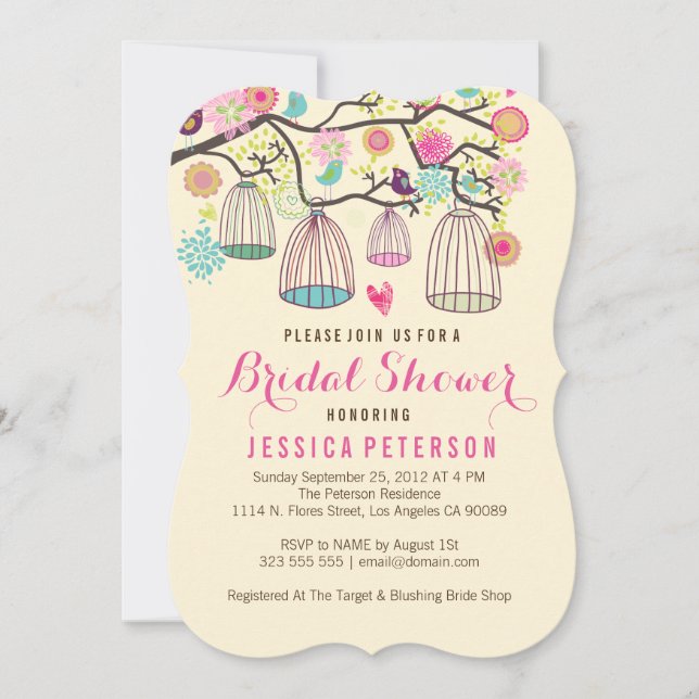 Invitación Jaulas de pájaro colgantes y flores retro (Anverso)