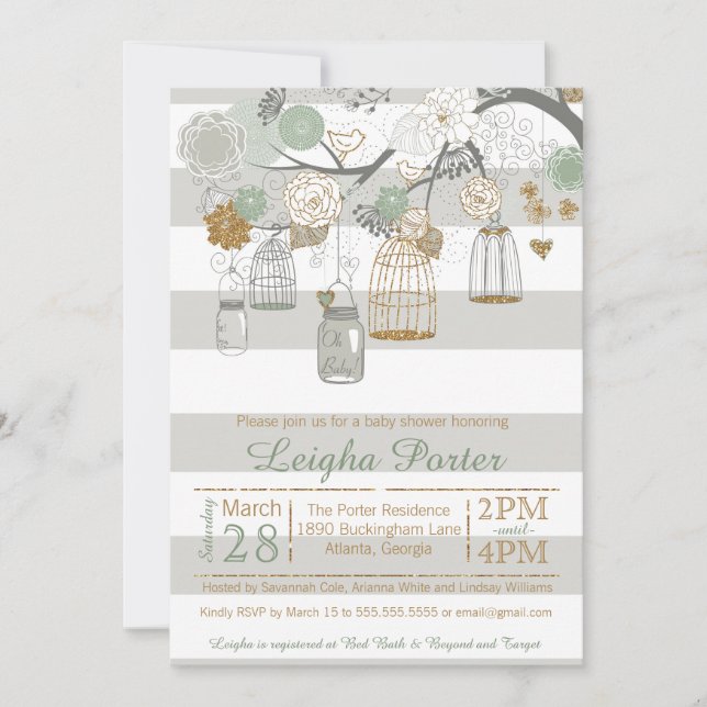 Invitación Jaulas de pájaros Mason Jar Purpurina Gold (Anverso)