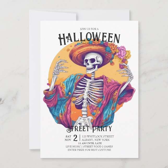 Invitación Jaunty Skeleton Flamboyant Dance Halloween Party (Anverso)