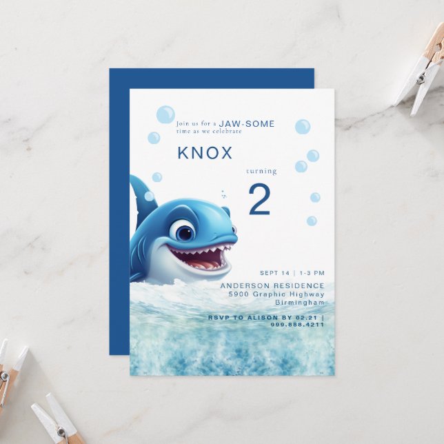 Invitación Jaw-some Shark Bite Birthday Party Invitation (Anverso/Reverso In Situ)