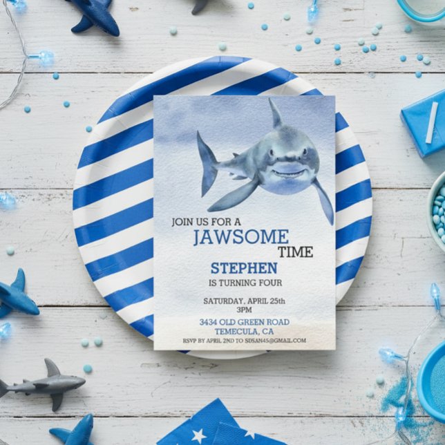 Invitación JawSome Time Gran Tiburón Blanco Cumpleaños Acuare (Subido por el creador)