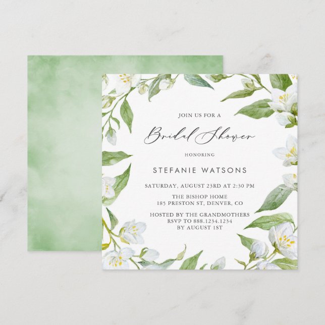 Invitación Jazmín acuático y ducha de novia verde (Anverso / Reverso)