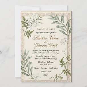 Invitación Jazmín Blanco, Ramas de Olivo, Borde de Pergamino