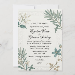 Invitación Jazmín Blanco, Ramas de Olivo, Clemátide Azul, Emb
