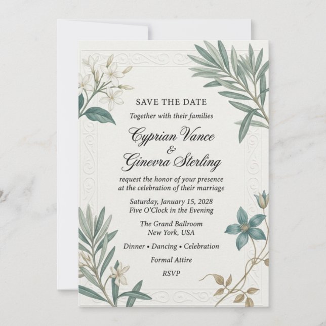 Invitación Jazmín Blanco, Ramas de Olivo, Clemátide Azul, Emb (Anverso)