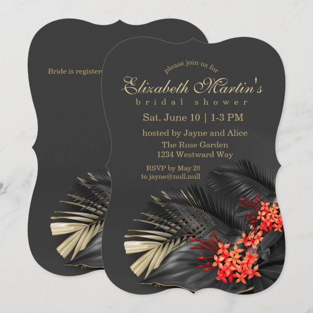 Invitación Jazmín Rojo Oscuro Tropical Bridal Shower (Anverso / Reverso)