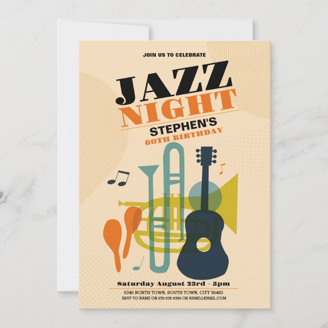 Invitación Jazz Birthday Music Mens Women's (Anverso)