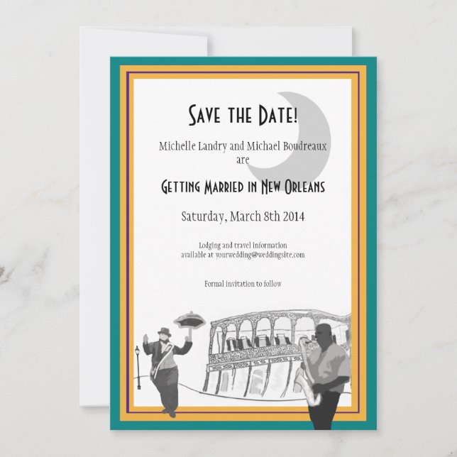 Invitación Jazz de Nueva Orleans Guarde la Fecha (verde azula (Anverso)
