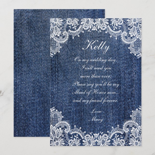 Invitación Jean Denim Azul Y La Empleada De Honor De Lace (Anverso / Reverso)
