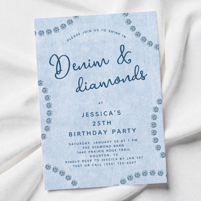 Invitación Jeans azules denim y 25ª fiesta de cumpleaños de l (Blue Jeans Denim and Diamonds 25th Birthday Party Invitation)