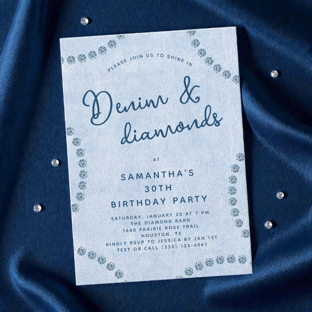 Invitación Jeans azules Denim y Diamonds 30 Fiesta de cumplea (Blue Jeans Denim and Diamonds 30th Birthday Party Invitation)