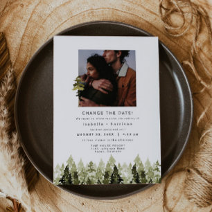 Invitación JENNA Rustic Pine Tree Wedding Reschedule
