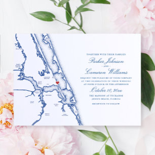Invitación Jensen Beach FL Map Elegante Boda Azul de la Marin