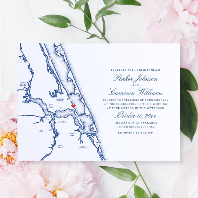 Invitación Jensen Beach FL Map Elegante Boda Azul de la Marin (Jensen Beach FL Map wedding invitation for an elegant navy blue Mansion wedding. Coastal Map Designs)