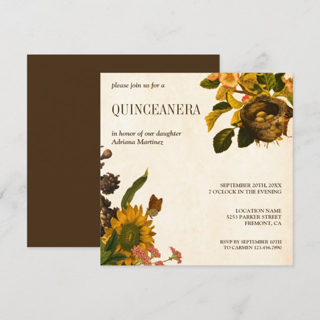 Invitación Jerarquía floral rústica Quinceanera de los (Anverso / Reverso)