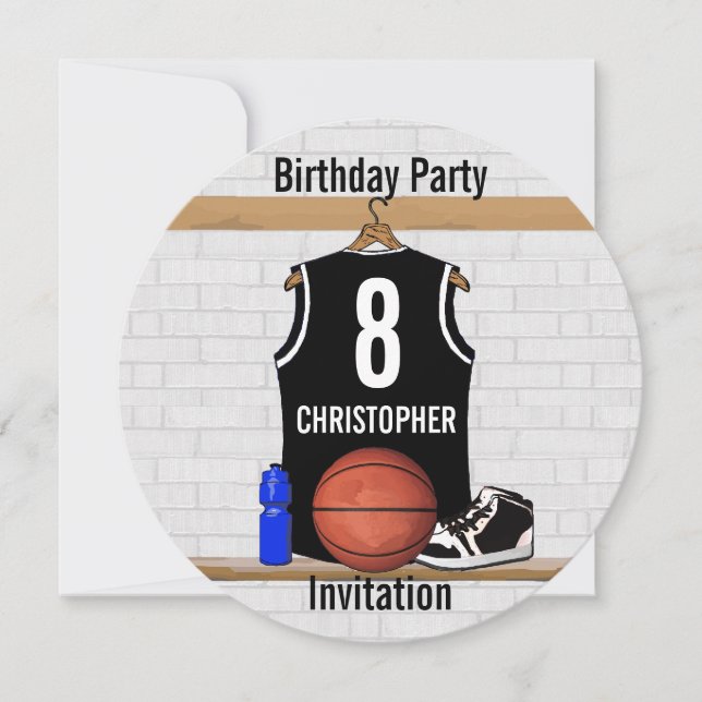 Invitación Jersey blanco y negro personalizado del baloncesto (Anverso)