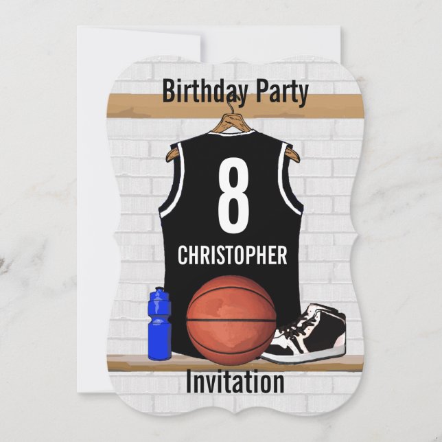 Invitación Jersey de baloncesto blanco y negro personalizado (Anverso)