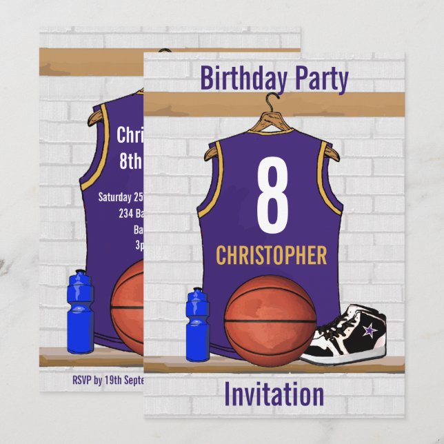 Invitación Jersey de baloncesto Purple y Gold personalizado (Anverso / Reverso)