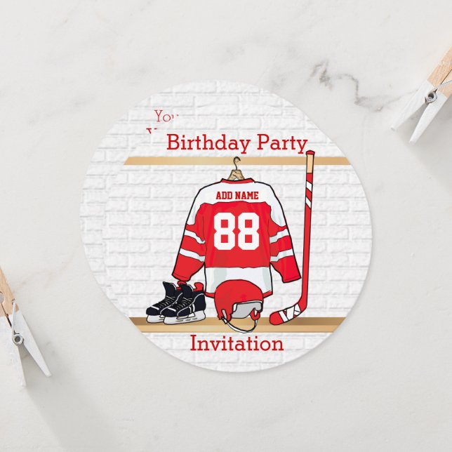 Invitación Jersey de hockey sobre hielo rojo y blanco persona (Anverso/Reverso In Situ)