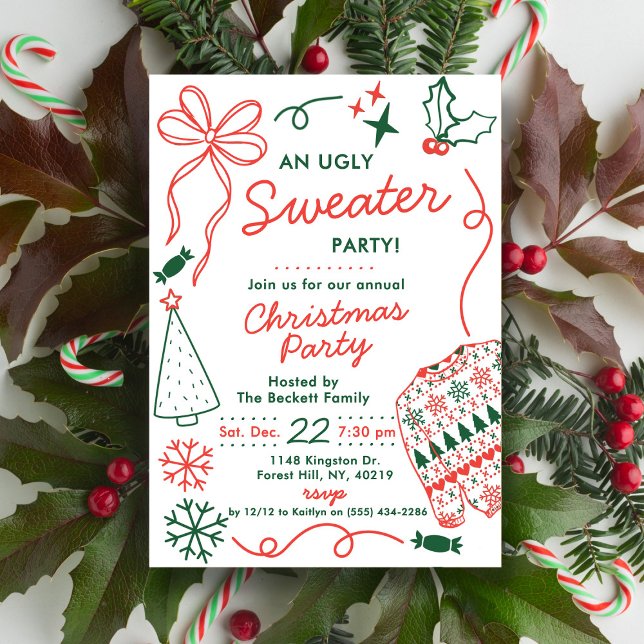 Invitación Jersey Feo de Navidad con Garabatos Dibujados a Ma (Subido por el creador)