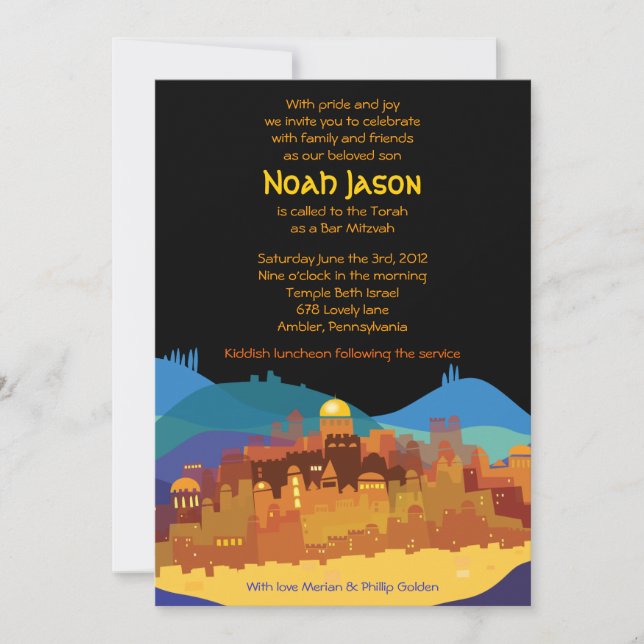 Invitación JERUSALÉN, ciudad de GOLD Bar Bat Mitzvah (Anverso)