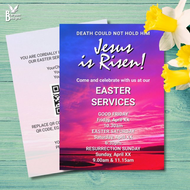 Invitación JESÚS HA RESUCITADO Servicios personalizados de Pa (Vibrant JESUS IS RISEN invitation for Easter Church Services. All text is customizable. )
