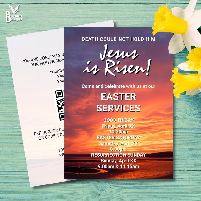INVITACIÓN JESÚS HA RESUCITADO SERVICIOS PERSONALIZADOS PARA  (JESUS IS RISEN Easter invitation for church services. All text customizable. Ideal for Christians.)