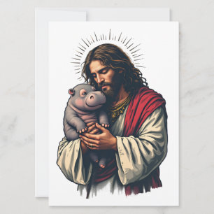 Invitación Jesús sosteniendo un hipopótamo bebé Moo Deng 