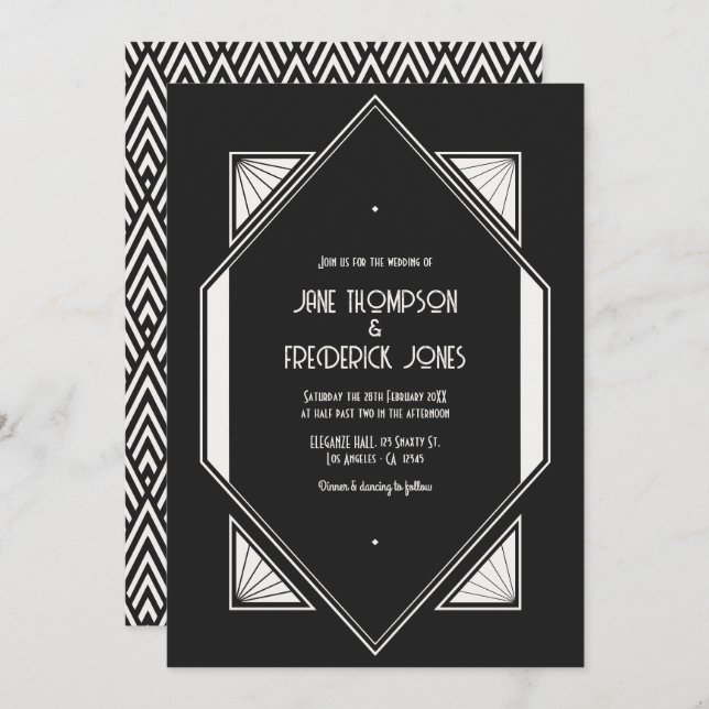 Invitación Jet Black & Ivory Linen Art Deco Wedding Photo (Anverso / Reverso)