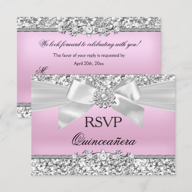 Invitación Jewel Bow Quinceanera, Purpurina rosado de RSVP (Anverso / Reverso)