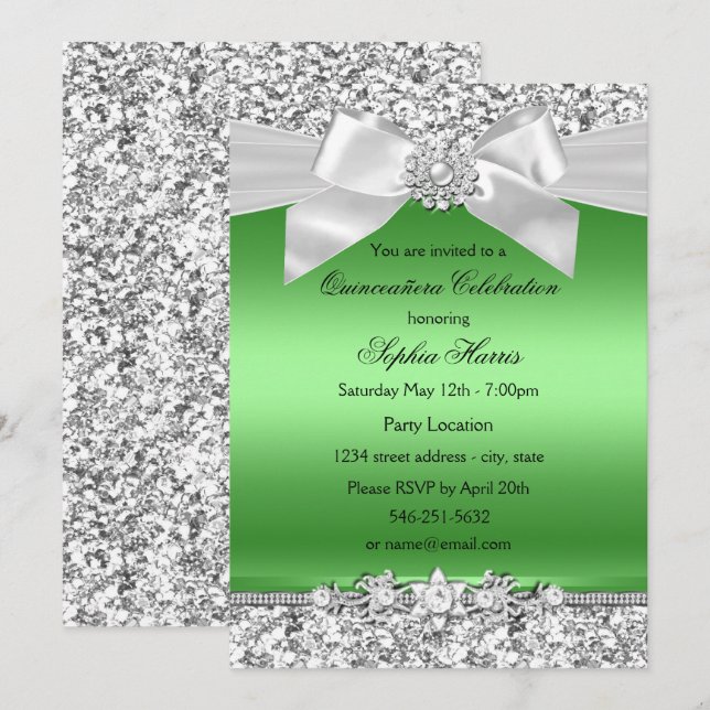 Invitación Jewel Bow Quinceanera, Purpurina verde limón plate (Anverso / Reverso)