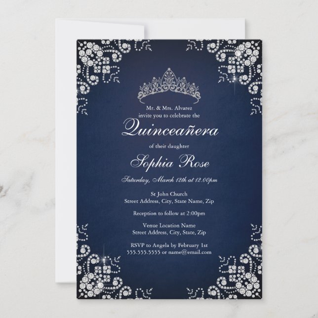 Invitación Jewel de la Marina Tiara Mariposa Quinceanera (Anverso)