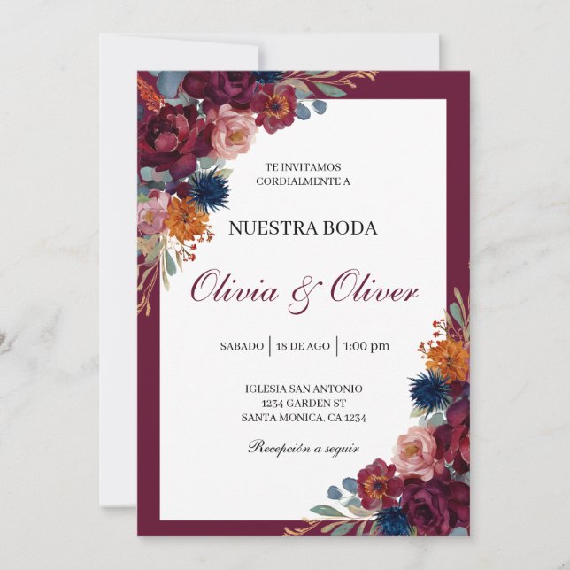 Invitación Jewel floral español boda (Anverso)