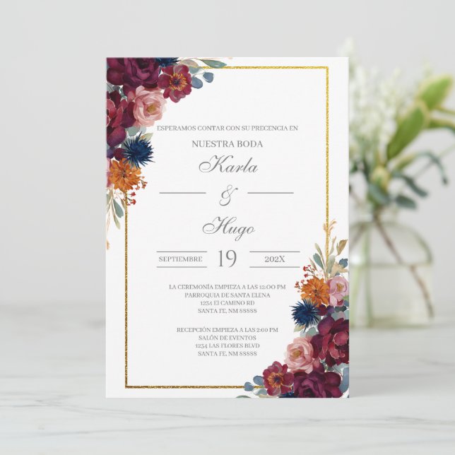 Invitación Jewel floral frame boda español (Anverso de pie)