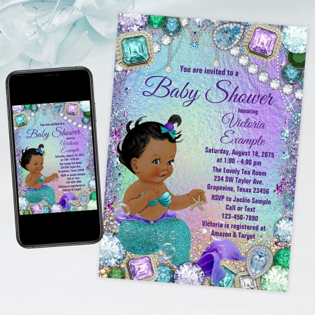 Invitación Jewel Mermaid African Mermaid Baby Shower (Mermaid baby shower invitation with adorable ethnic mermaid baby. For instant download and print.)
