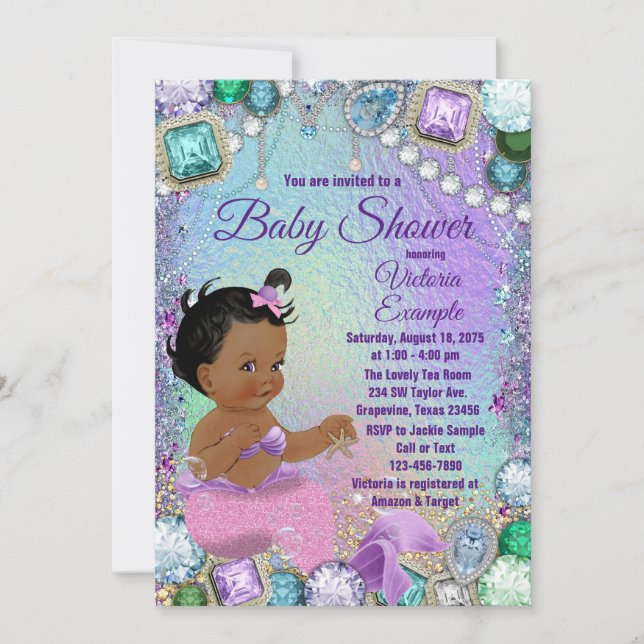 Invitación Jewel Mermaid African Mermaid Pink Baby Shower (Anverso)