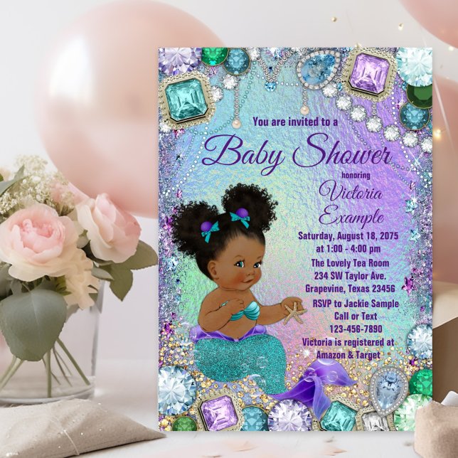 Invitación Jewel Mermaid Afro Baby Shower (Jewel mermaid baby shower invitation with adorable mermaid with afro puff hair and jewel background.)