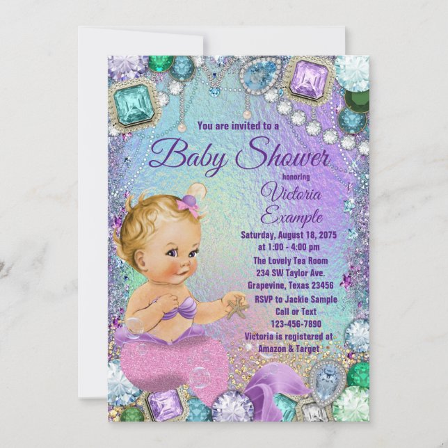 Invitación Jewel Mermaid Blonde Baby Shower de sirena rosa (Anverso)