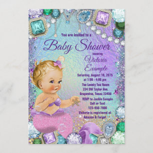 Invitación Jewel Mermaid Blonde Baby Shower de sirena rosa