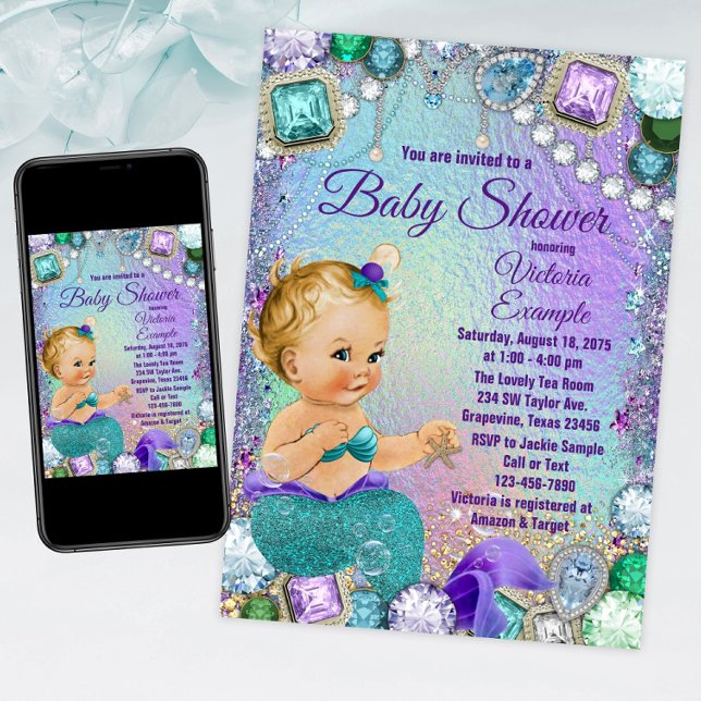 Invitación Jewel Mermaid Blonde Mermaid Baby Shower (Mermaid baby shower invitation with cute mermaid baby on a jewel background. For print or download.)