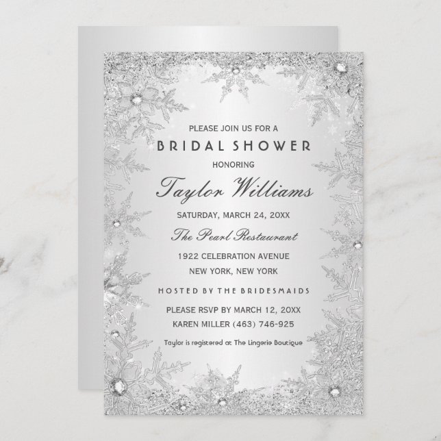 Invitación Jewel plateado Snowflake Bridal Shower (Anverso / Reverso)