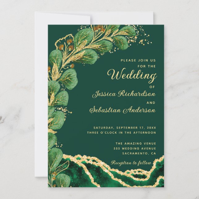 Invitación Jewel Tone Eucalyptus Emerald Green Agate Boda (Anverso)