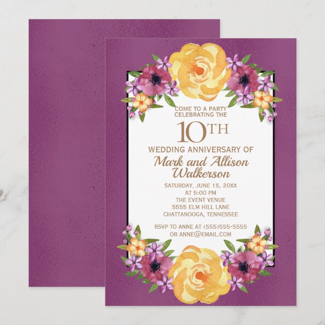 Invitación Jewel Tone Purple Yellow Floral 10° aniversario (Anverso / Reverso)