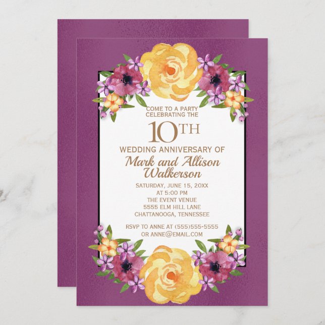 Invitación Jewel Tone Púrpura Amarillo Floral 10º Aniversario (Anverso / Reverso)