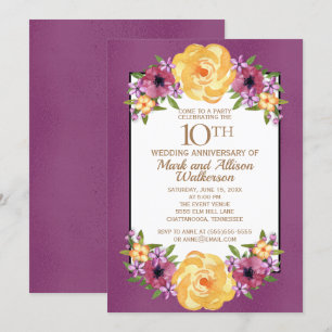 Invitación Jewel Tone Púrpura Amarillo Floral 10º Aniversario