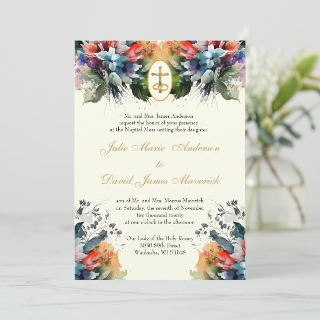 Invitación Jewel Toned católico Boda floral y recepción (Anverso de pie)