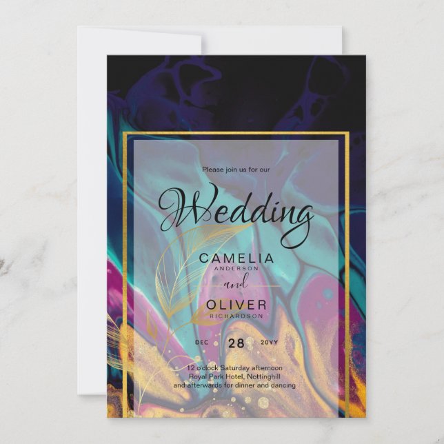 Invitación Jewel Tones BODA INK Plum Purple Marina Verde azul (Anverso)