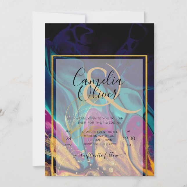 Invitación Jewel Tones BODA INK Plum Purple Marina Verde azul (Anverso)