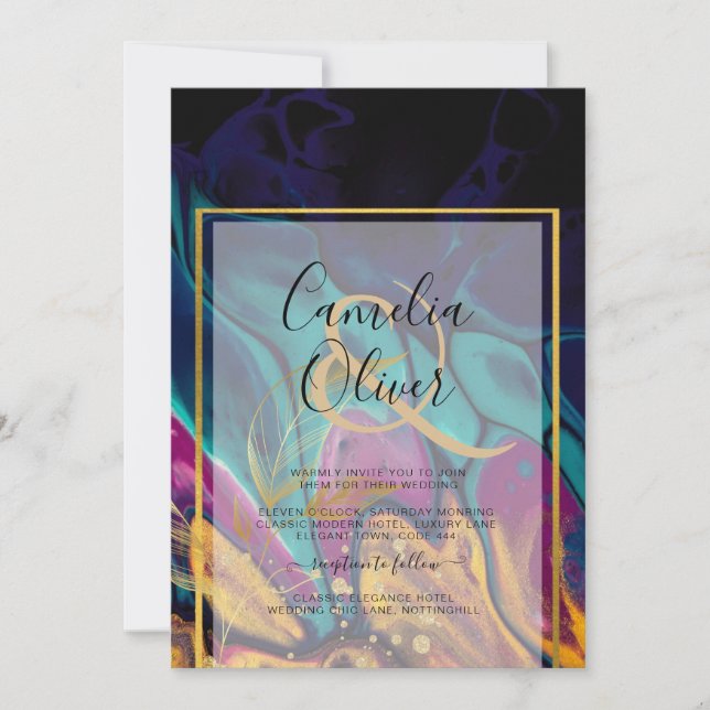Invitación Jewel Tones BODA INK Plum Purple Marina Verde azul (Anverso)