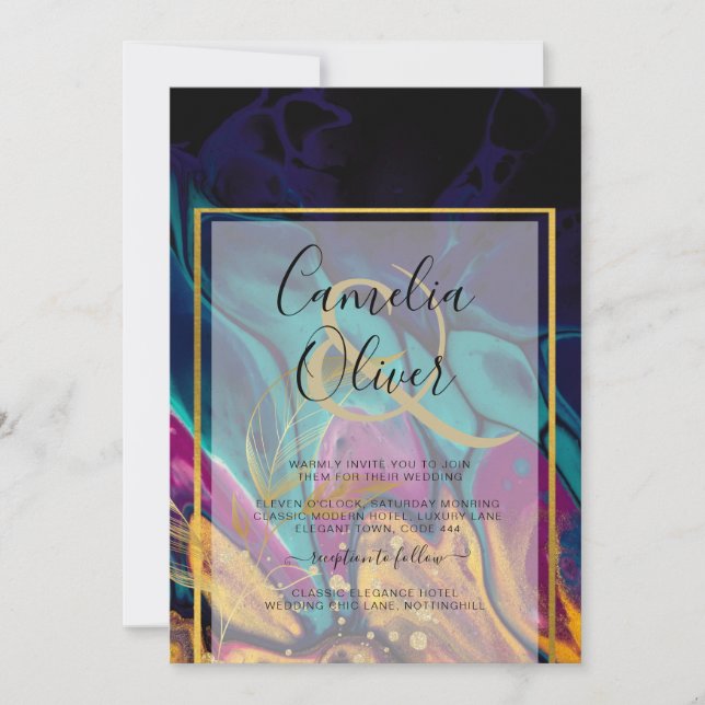 Invitación Jewel Tones BODA INK Plum Purple Marina Verde azul (Anverso)